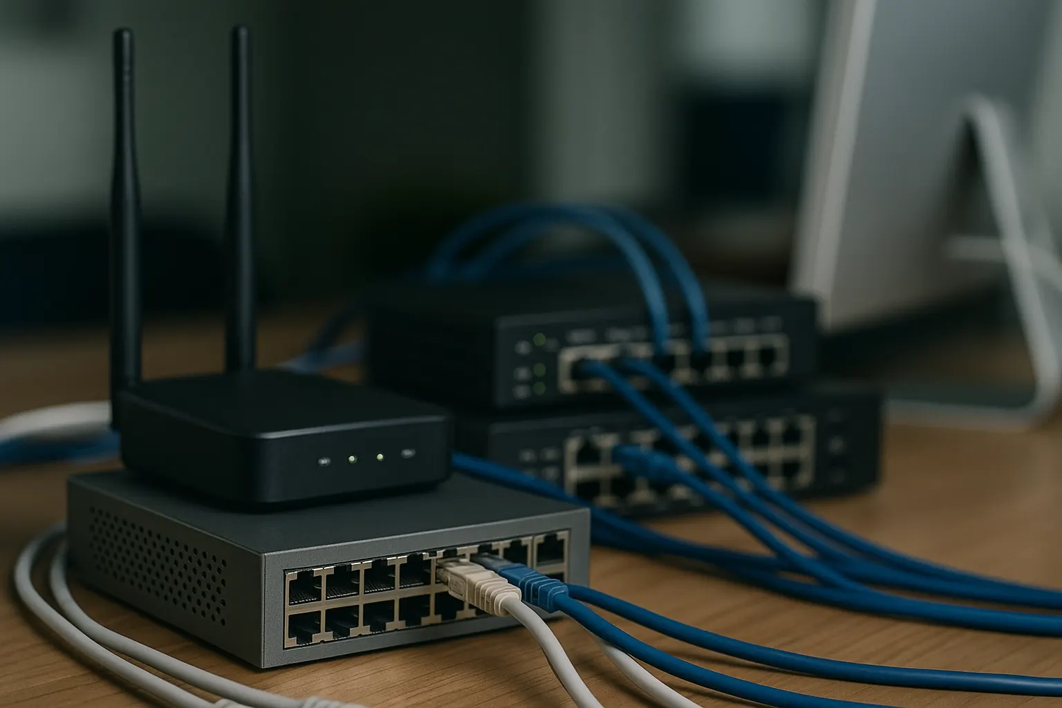 Architecture réseau d'une PME avec switchs, bornes Wi‑Fi et firewall, installée par Five Union